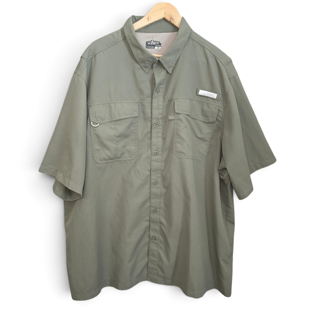 Habit Fishing Shirt Mens 2XL Green Short Sleeve Vented UPF 40+ Outdoor Button Up